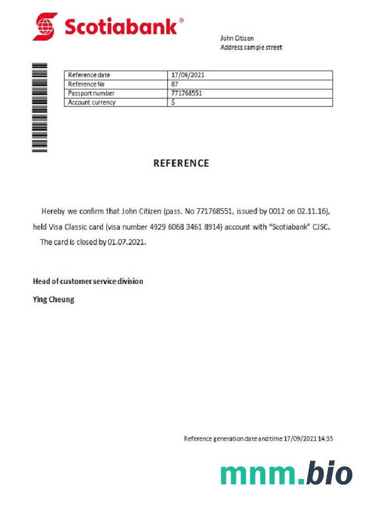 Przykład odniesienia do zamknięcia Hong Kong Scotiabank w formatach Word i PDF